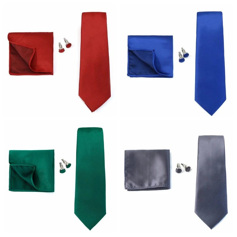 Solid color men's formal tie, jacquard woven necktie with matching handkerchief and cufflinks, ideal for wedding or business suit.