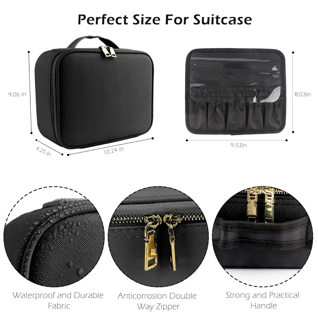 Showlu Fashion makeup organizer with mirror light, travel cosmetic case, featuring compartments for cosmetics and beauty tools.