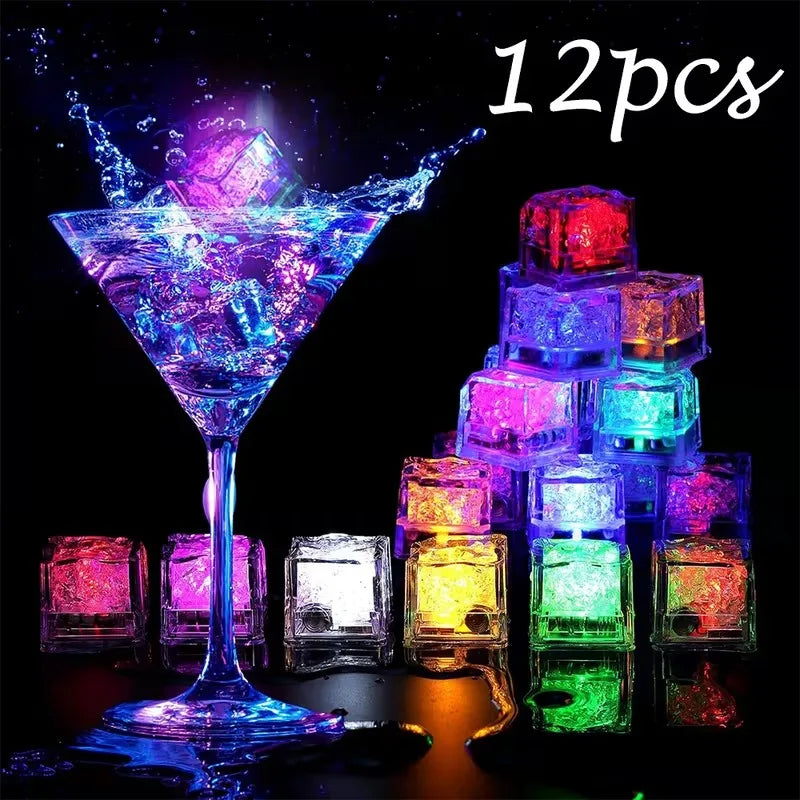 Set of six waterproof LED glowing ice cube lights from Showlu Smart General, designed to add mood lighting to drinks.