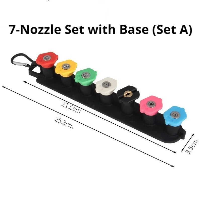 Seven pressure washer nozzles in a set, showing various spray tips for high-pressure cleaning tasks.