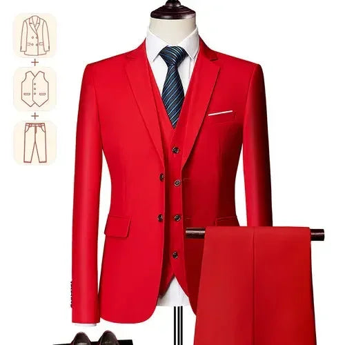 Men's business casual suit by Showlu Fashion, solid color formal tuxedo set with blazer and trousers for weddings and parties.