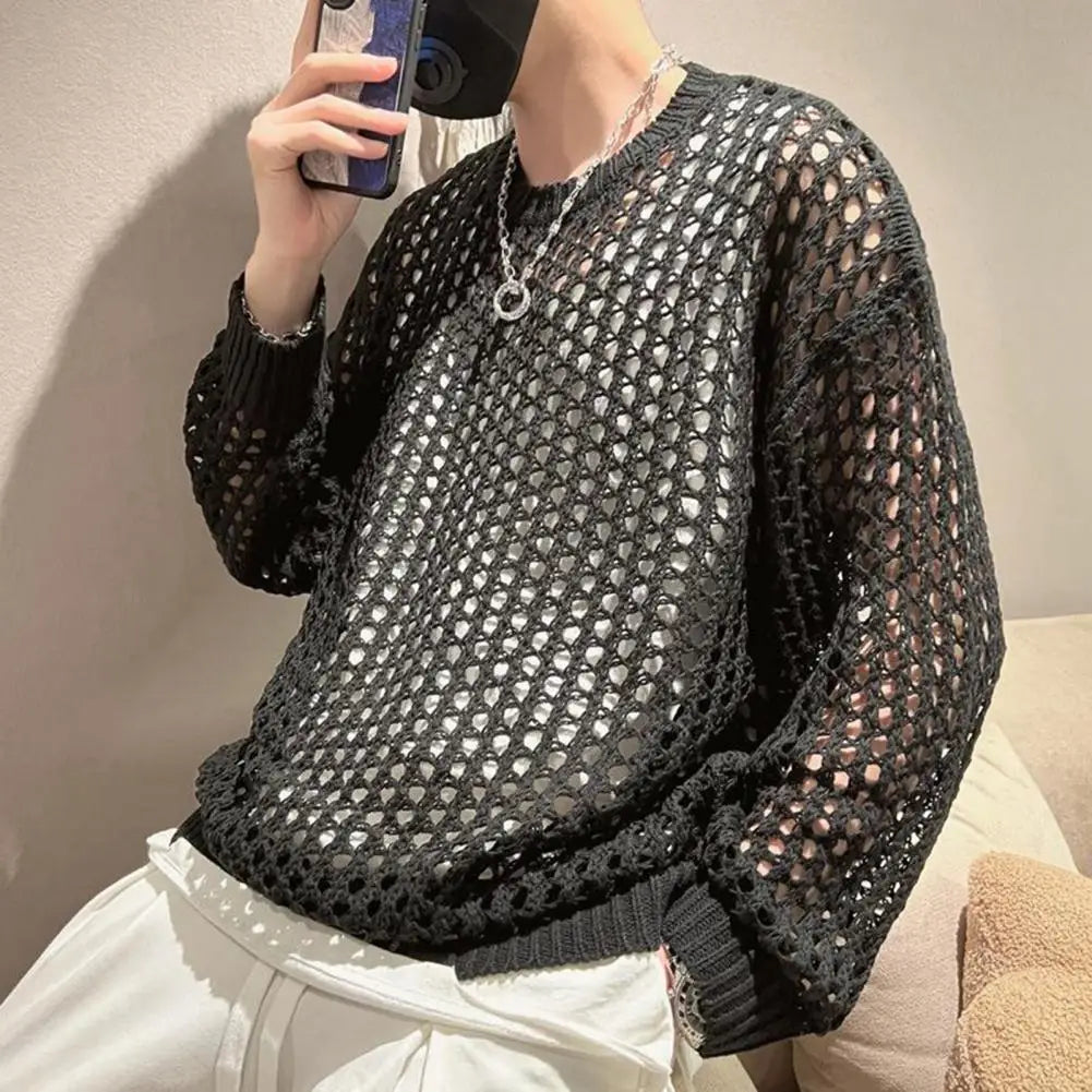 Comfortable Men Shirt Men's Hip Hop Mesh Fishnet Clubwear Top Solid Color Round Neck Long Sleeve See-through Pullover for Men