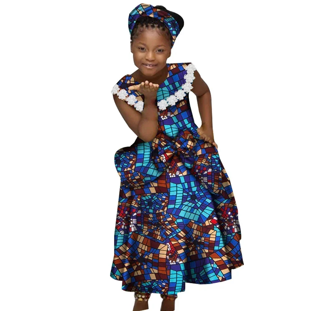 Wingfei girls African Ankara print dress with cotton Kente pleated skirt, featuring vibrant colorful patterns and traditional African design.