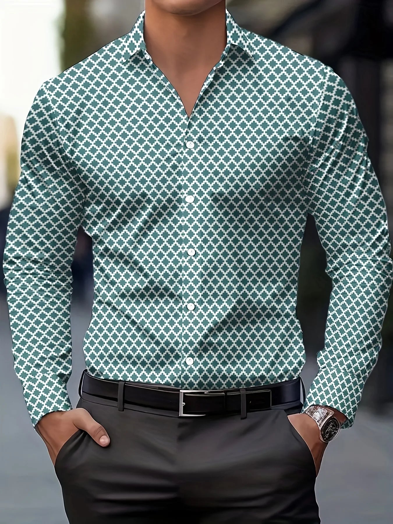 Men's checked long-sleeved casual fitted button-up shirt with high-end striped design, stylish men's fashion top.