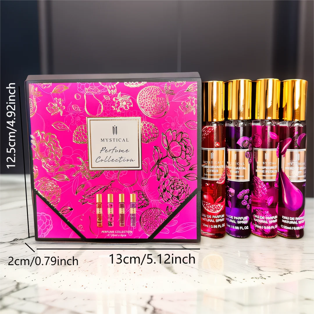 Showlu Fashion Mystical Fruity Fragrance perfume gift set, 4-piece travel collection with colorful bottles and elegant packaging.