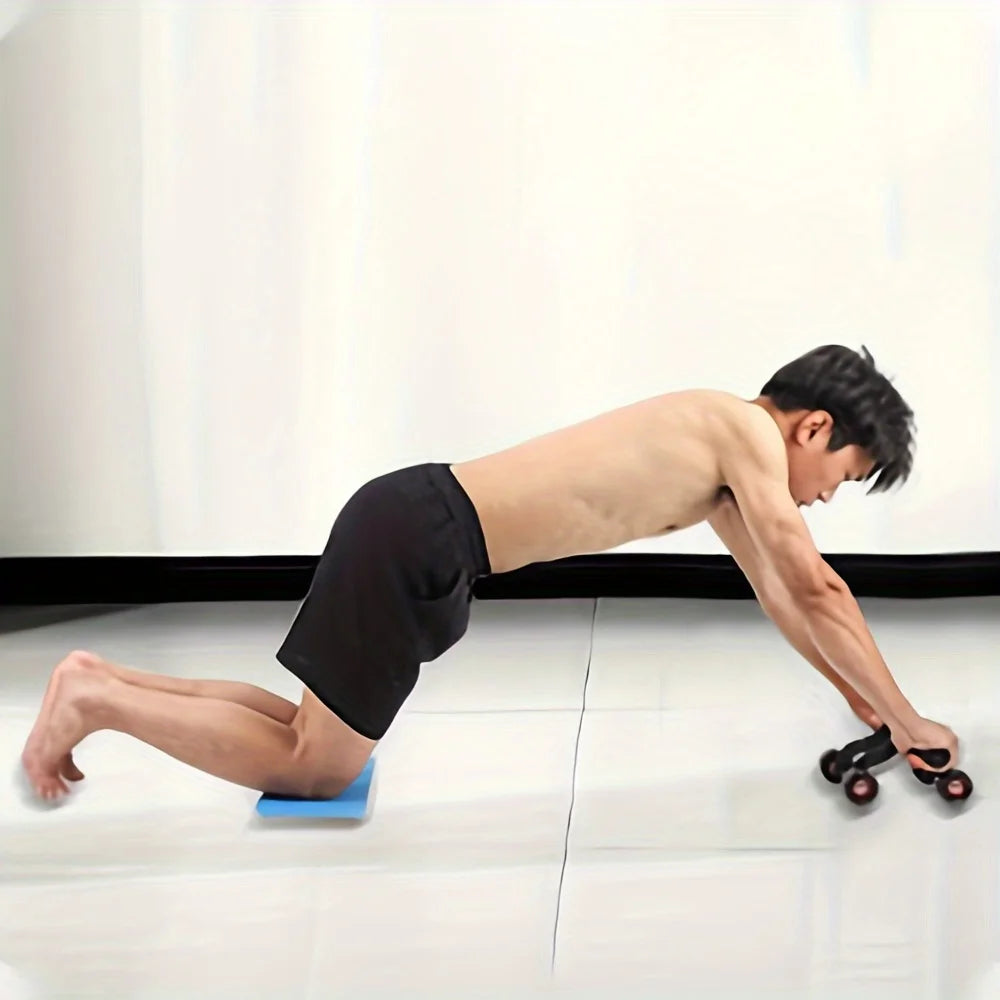 Showlu 4-wheel abdominal exercise roller for core strength training, featuring sturdy handles and textured roller for stability.