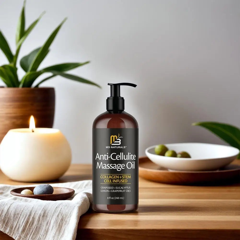 M3 Naturals anti-cellulite massage oil with collagen and stem cell for firming skin, shown in a clear bottle on a white background.