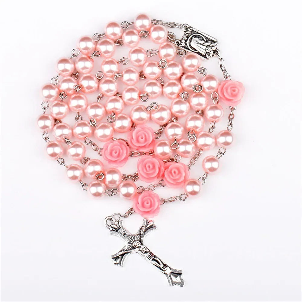 Pink rosary necklace for women with rose glass beads, crucifix cross pendant, and INRI charm, long religious jewelry.