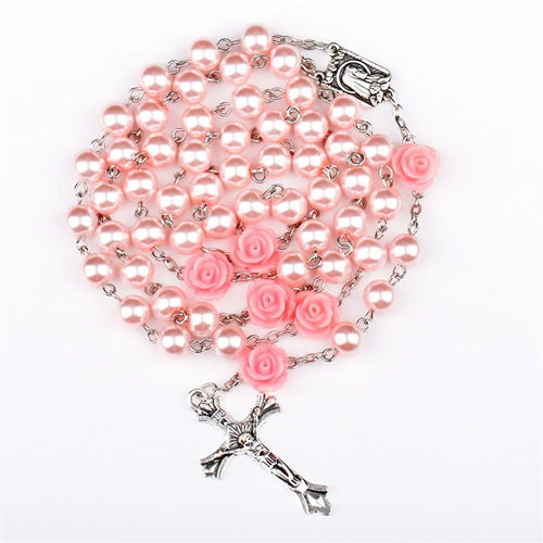 Pink rosary necklace for women with rose glass beads, crucifix cross pendant, and INRI charm, long religious jewelry.