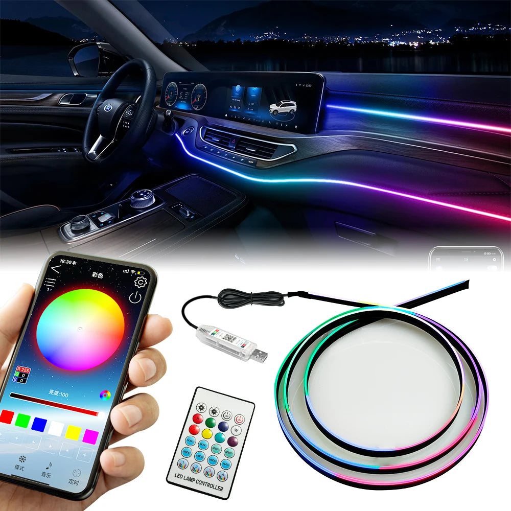 Showlu Smart General Car LED Ambient Lights installed inside a vehicle, showcasing vibrant multicolor lighting for interior ambiance.