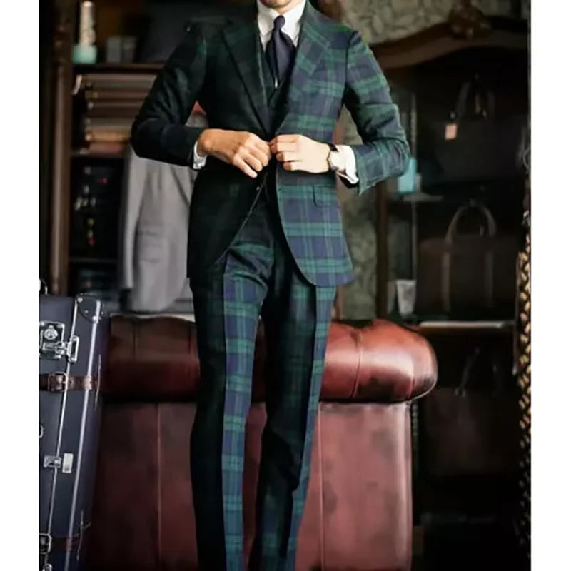 Elegant men's plaid blazer from Showlu Fashion Store, featuring a single-breasted design with notch lapel and matching suit pants and vest.