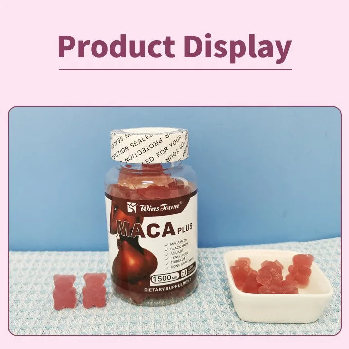 Black Plus Maca gummies in a bottle, designed to help plump and lift buttocks, promoting improved appearance and health.
