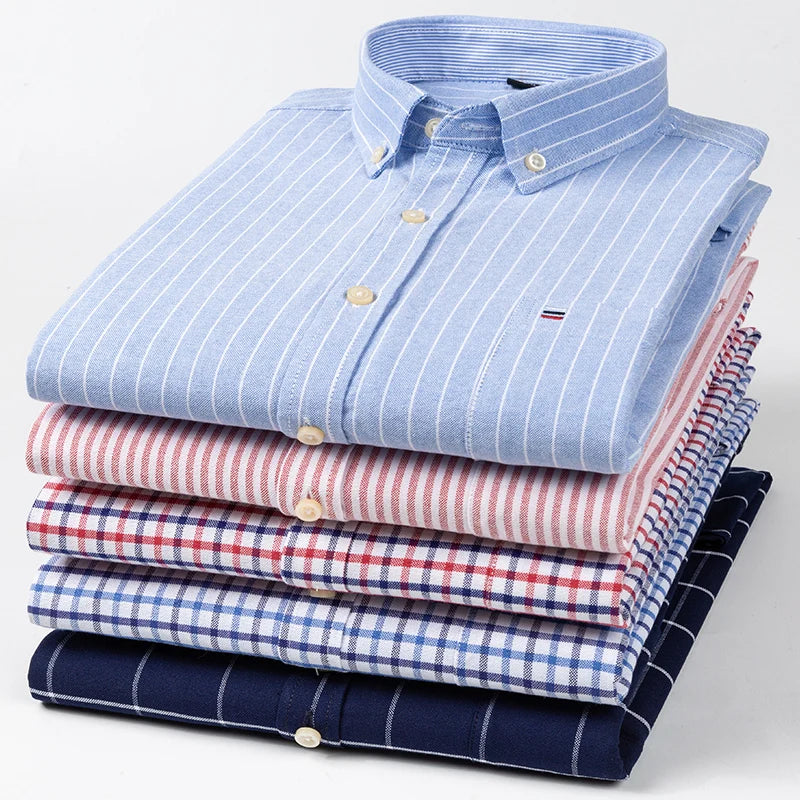 Men's long sleeve plaid Oxford shirt in 6XL/7XL, Showlu Fashion, soft 100% cotton, formal dress shirt with regular fit.