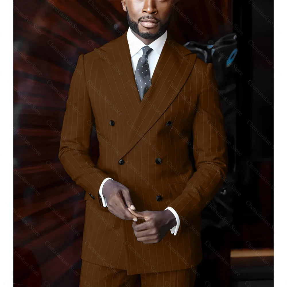Men's blue pinstripe double-breasted suit by SHOWLU FASHION STORE, slim fit, 2-piece design with notch lapels and tailored fit.