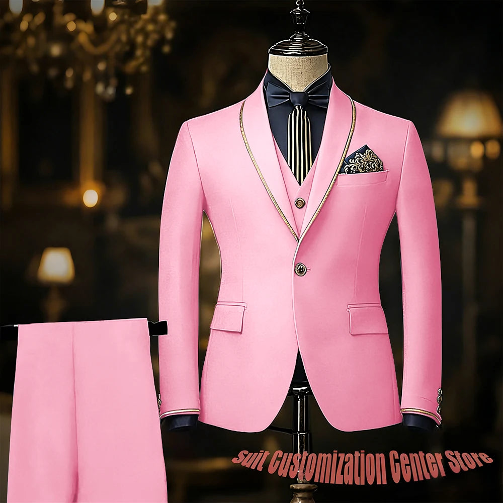 Navy blue men's wedding tuxedo with slim fit jacket, vest, and pants featuring shawl lapel for groom or prom attire.
