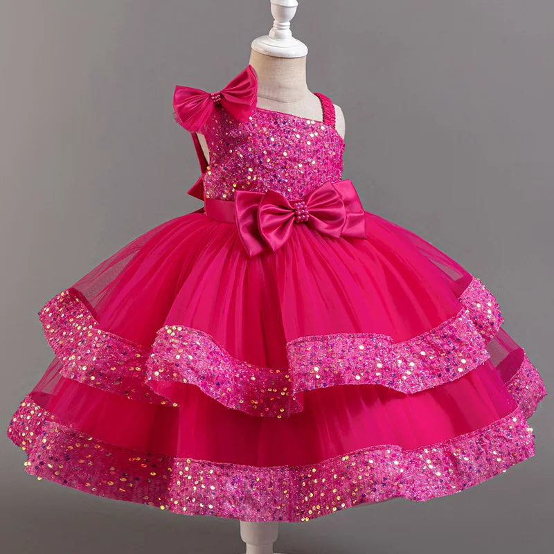 Sequin flower girl dress for girls by Showlu Fashion, sleeveless ball gown with floral details, perfect for parties and special occasions.
