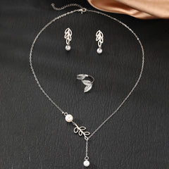 Stainless Steel Jewelry Set Leaf Pearl Earrings Pearl Necklace Size Adjustable Leaf Ring Jewelry Set For Women Jewelry New Style