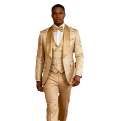 Elegant Champagne Jacquard 3-Piece Men's Tuxedo Formal Business Blazer with Shawl Lapel Wedding Groom Jacket Vest Pants Set