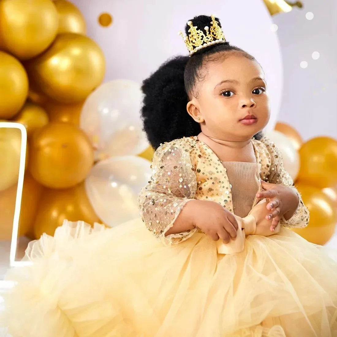 Baby girl flower girl dress by Showlu Fashion Store with sequins, full sleeves, floor length, ideal for weddings and photoshoots.