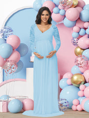 Maternity Lace Photography Gown V-Neck Long Sleeve Maxi Elegant Pregnancy Dress For Baby Shower Photography