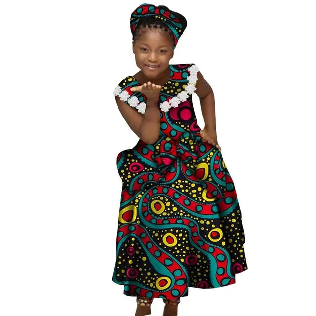 Girls African print mermaid dress by SHOWLU FASHION STORE featuring cotton Bazin Riche dashiki design with vibrant colors and fitted silhouette.