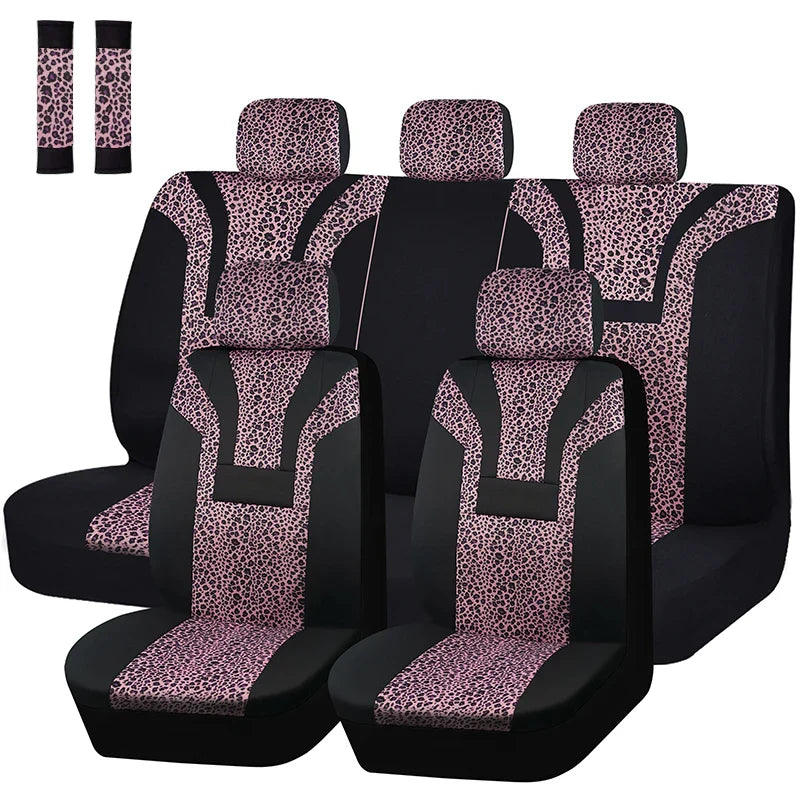 Leopard print plush car seat covers from AUTO PLUS, showing cozy winter interior set with stylish animal print fabric.
