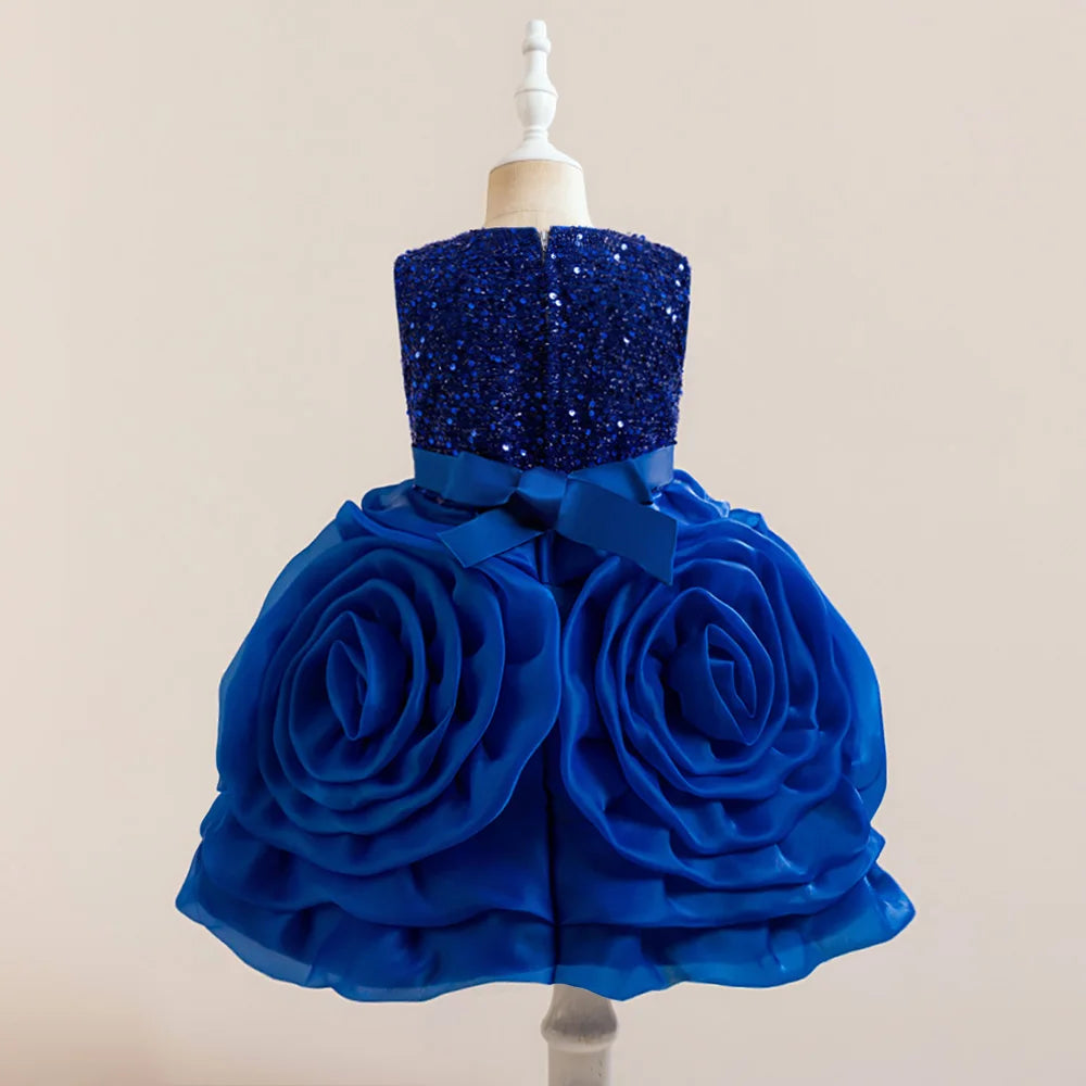 Elegant 3D flower girl dress with sequins and tulle, featuring bow details, suitable for birthday, wedding, and special occasions.