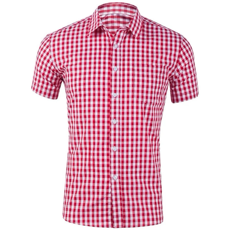 Men's short-sleeved Hawaiian plaid shirt in red and blue, breathable casual style with lapel, perfect for vacation or street wear.
