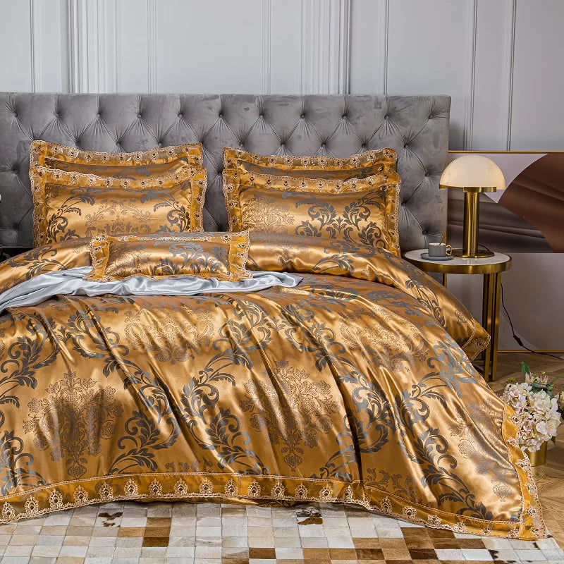 Luxury Euro Gold Satin Jacquard Lace Bedding Set Soft Silky Single Queen King Double Duvet Cover Set Bed Sheet Set Pillowcases