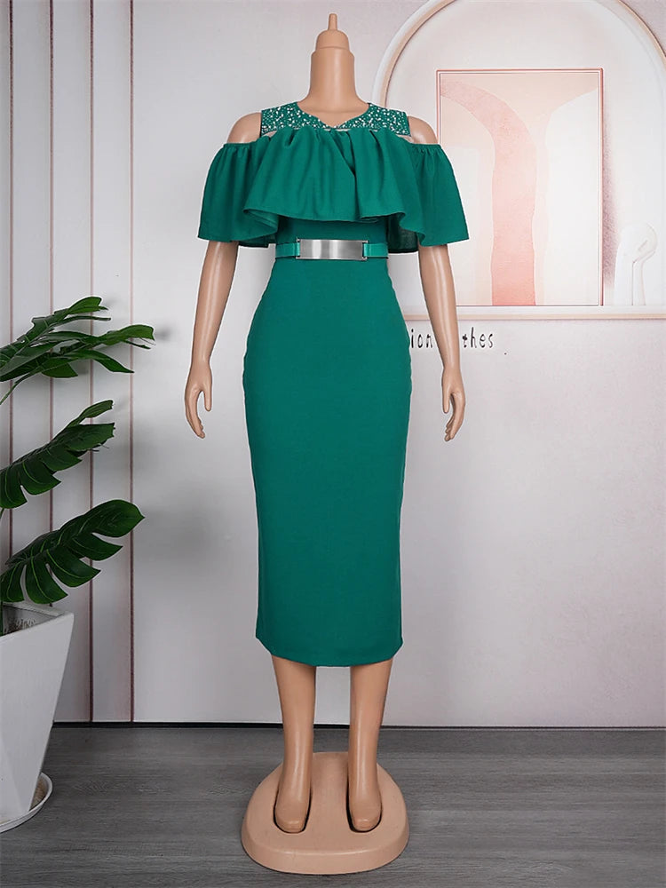 African-inspired 2025 spring party dress by Showlu Fashion with ruffle short sleeves, bodycon fit, suitable for wedding or prom events.