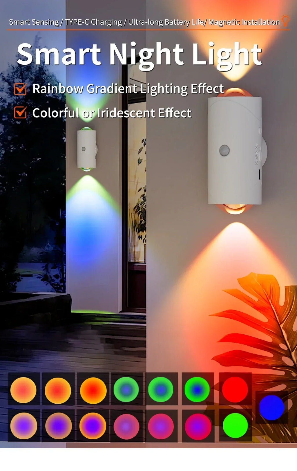 Showlu Smart General VENUSWING magnetic motion sensor RGB night light with colorful illumination in a modern home setting.
