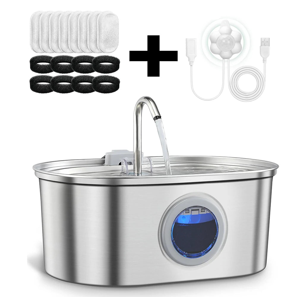 Stainless steel ZKYJ 3.2L cat water dispenser with automatic fountain and ultra-quiet pump, designed for pet hydration.