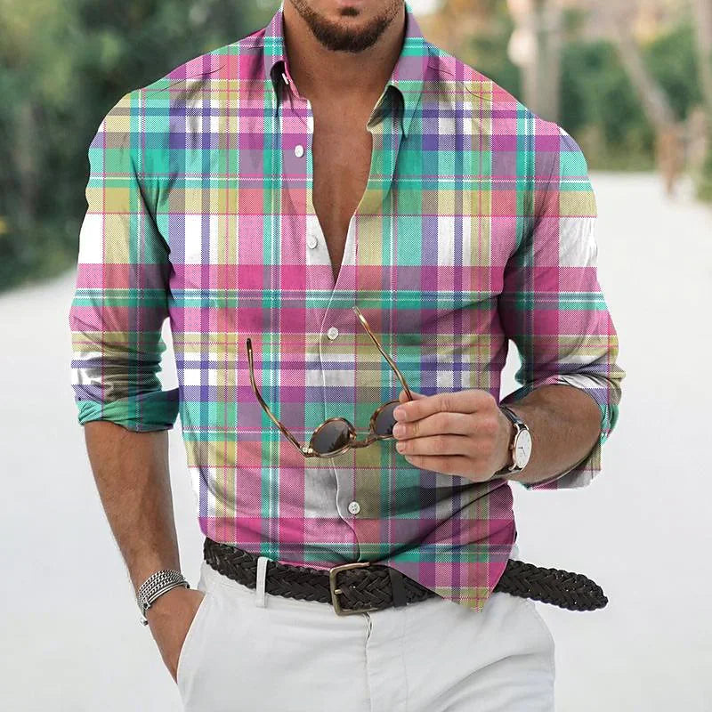 Men's Shirt Lapel Long Sleeve Striped Plaid Stitching Irregular Fashion Sports Leisure Street Outdoor High Quality Fabric 2023