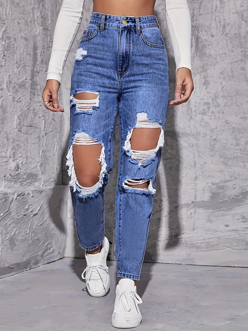 Women's ripped high waist straight leg jeans by Yicalish featuring retro wide leg style, shown in a natural front view image.