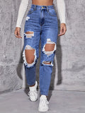 Women's ripped high waist straight leg jeans by Yicalish featuring retro wide leg style, shown in a natural front view image.