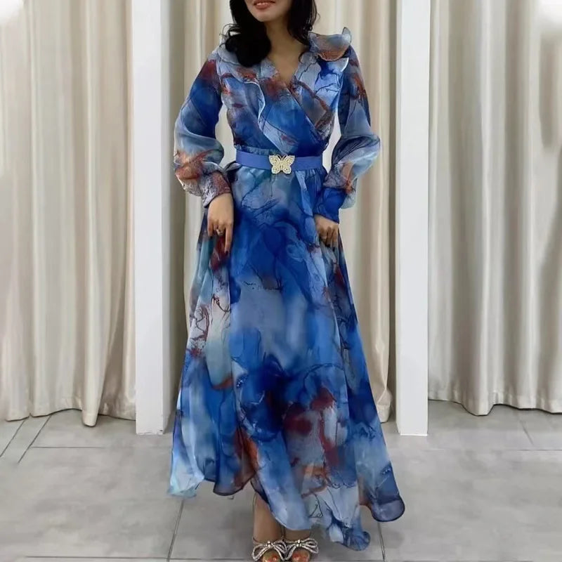 SHOWLU FASHION women's print A-line dress with long sleeves, suitable for office wear, featuring a stylish and comfortable design.