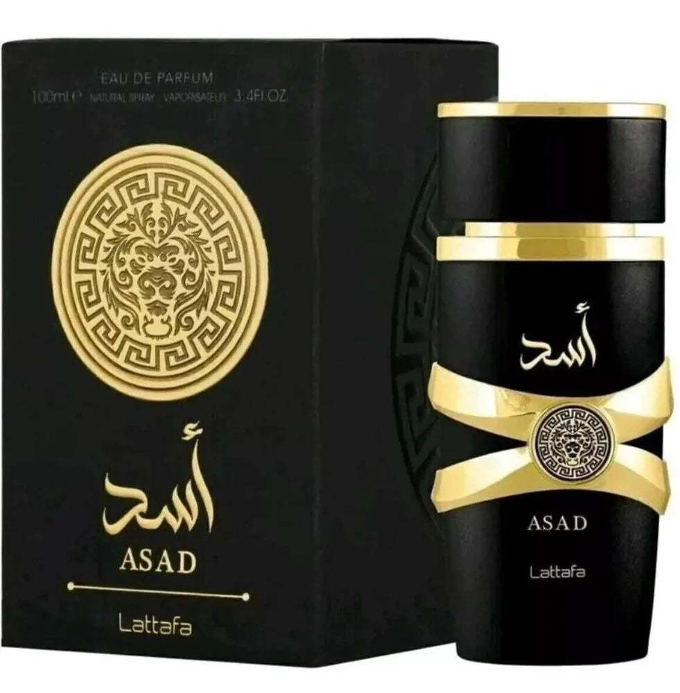 Lattafa Asad Black Edition Eau De Parfum unisex floral perfume bottle, 3.4 oz, with sleek black design and elegant packaging.