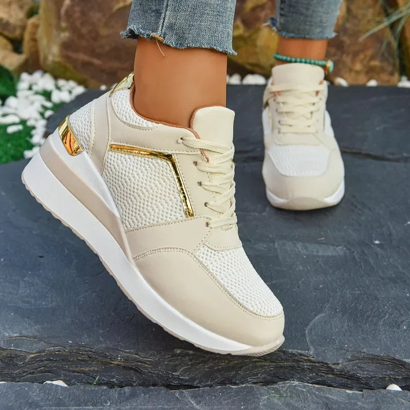 Luxury women's rhinestone sneakers with thick soles, lace-up design, non-slip grip, casual fashion running shoes by Showlu Fashion.