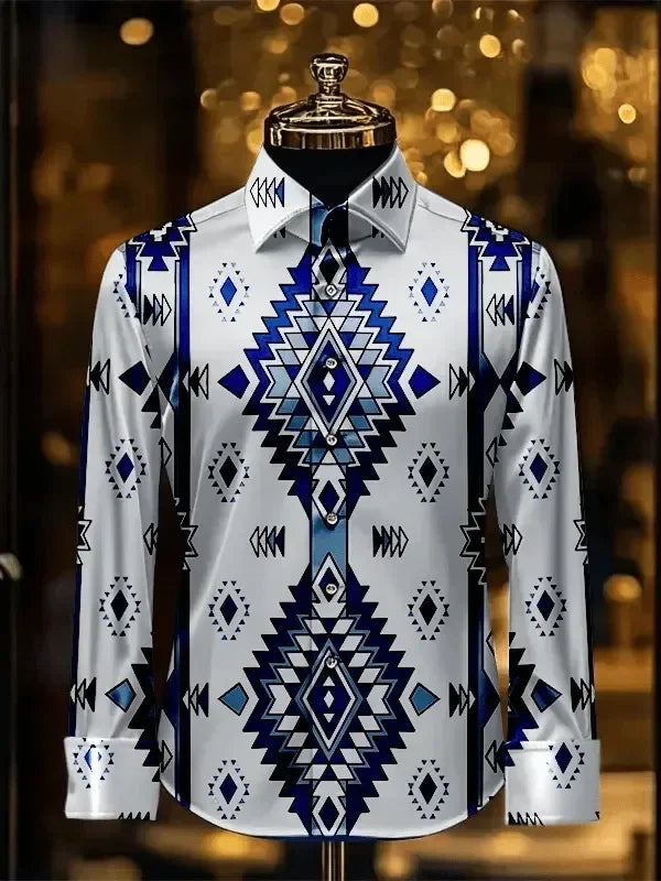Showlu men's slim fit silk shirt with iris flower 3D print, long sleeve top, stylish and elegant for formal or casual wear.