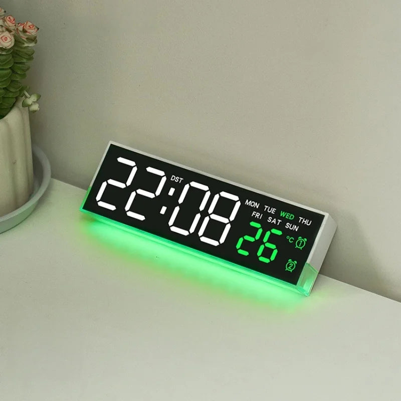 Showlu Smart LED digital alarm clock with mood light and temperature display showing time and ambient lighting effects.