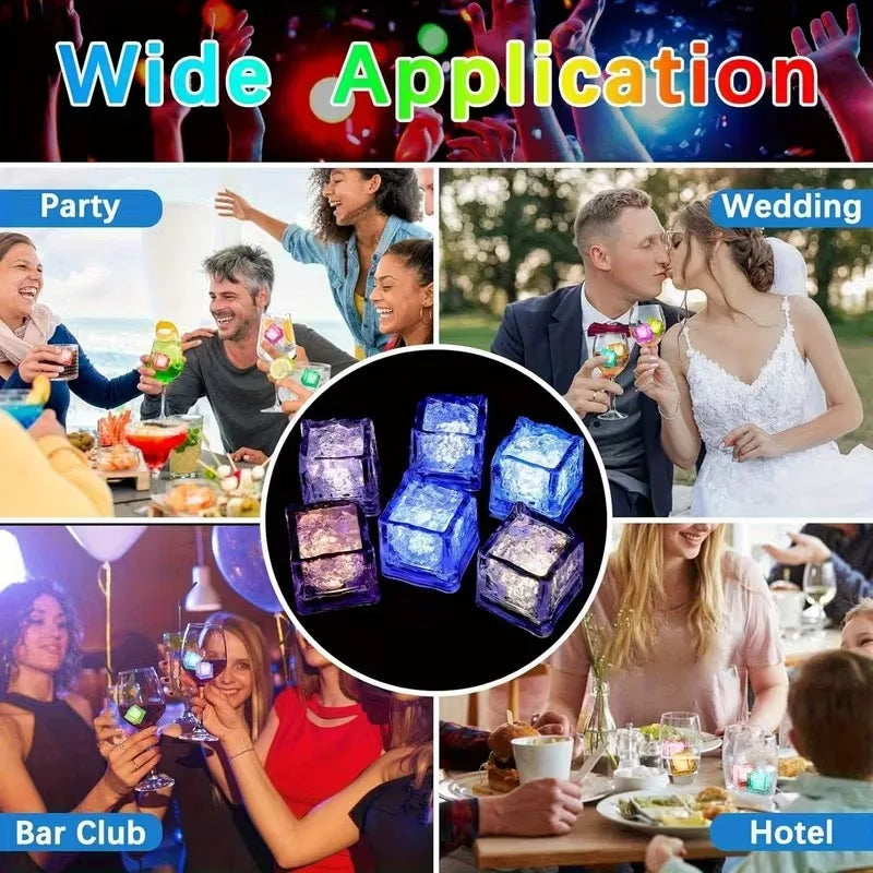 Set of six waterproof LED glowing ice cube lights from Showlu Smart General, ideal for drink mood lighting and party decor.