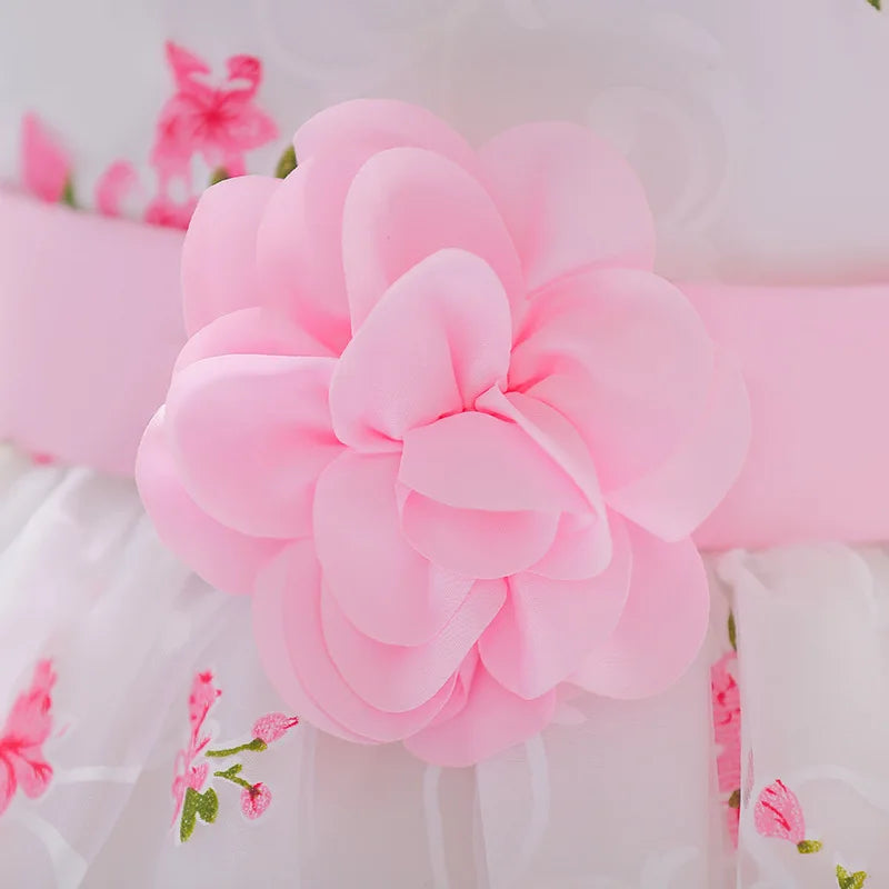 Baby girl birthday princess dress by Showlu Fashion with floral embroidery, sleeveless design, perfect for baptism or special occasions.