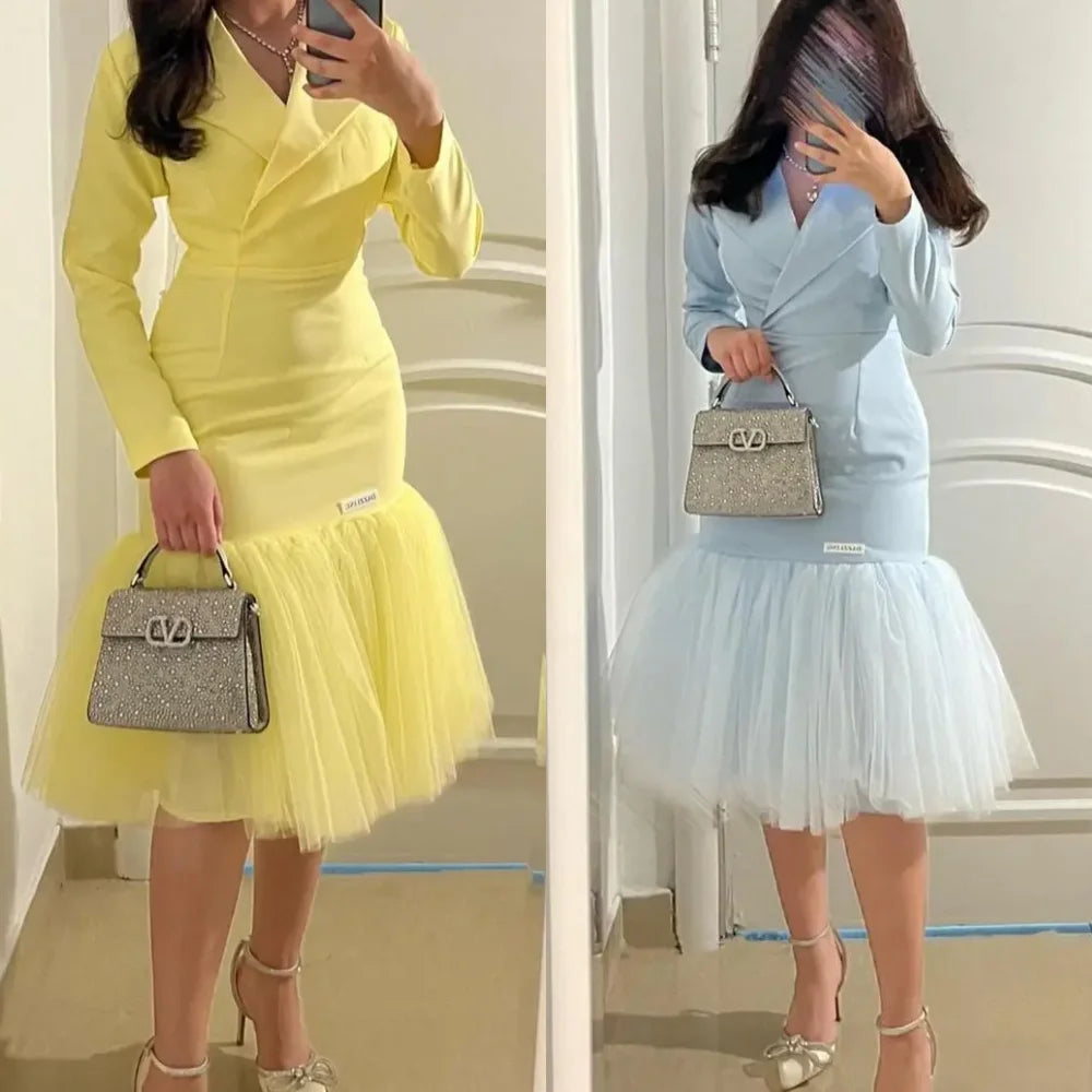 Customized Jiayigong formal evening mermaid dress with V-neck, tea length, draped design, perfect for occasions, by Showlu Fashion.