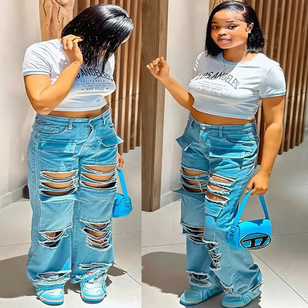 Women's high-waisted ripped street fashion jeans with multi-pockets and straight leg style, featuring broken holes for a trendy Y2K look.