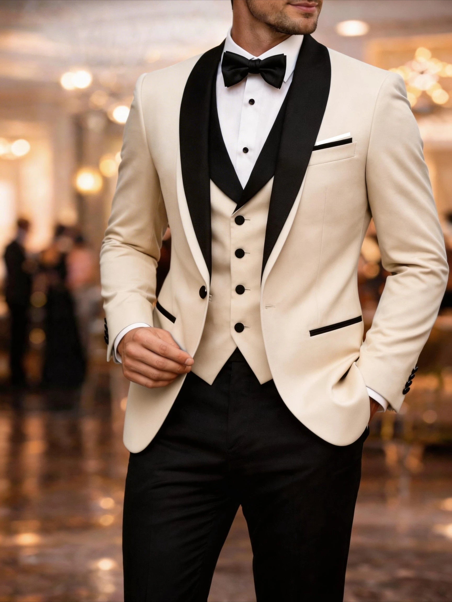 Men's black tuxedo suit set with shawl lapel dinner jacket, matching trousers, and vest, perfect for formal galas and prom events.