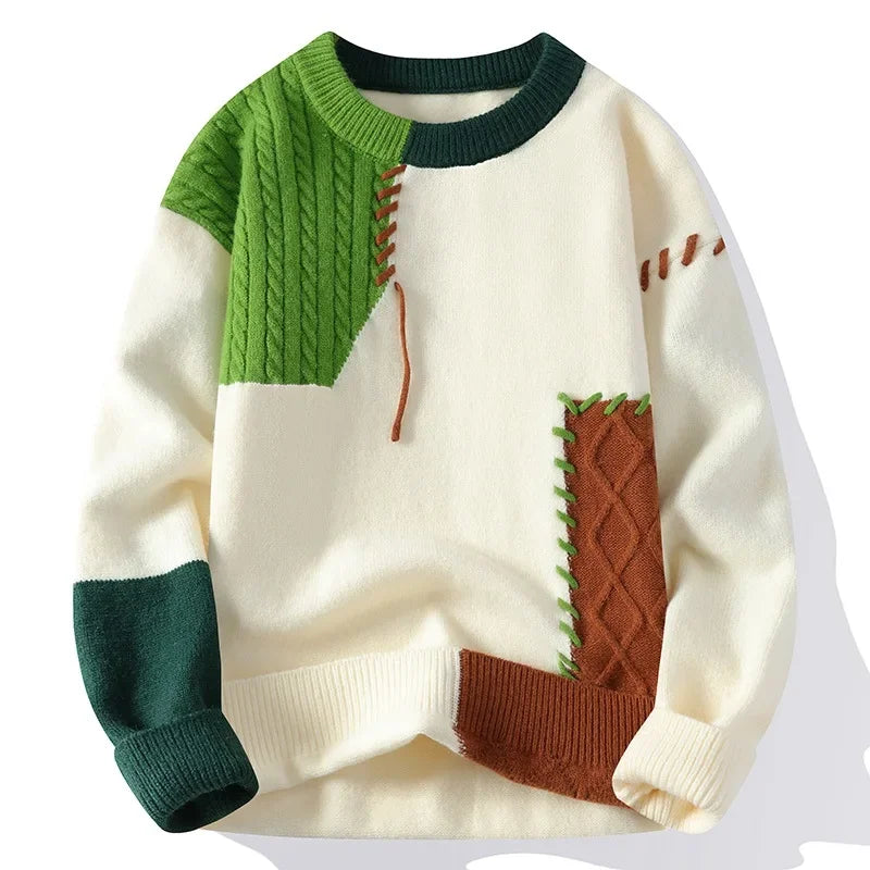 Men's knitted patchwork sweater with long sleeves, O-neck, spliced design, wool blend, casual style from Showlu Fashion Store.