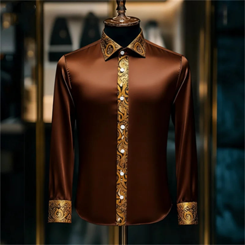 Men's luxury long-sleeve silk shirt in white and brown with paisley pattern, slim fit casual lapel top by Showlu Fashion Store.