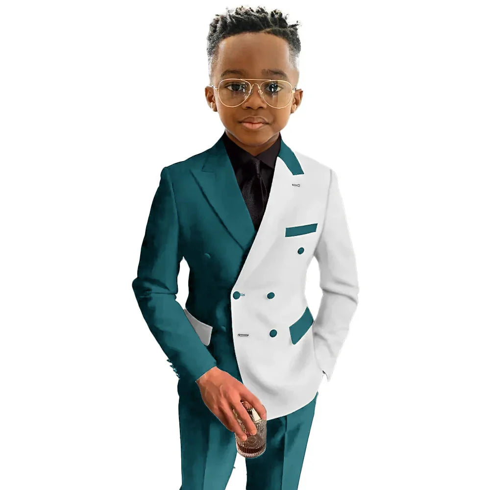 SHOWLU Boys 2-Piece Double Breasted Wedding Tuxedo Suit in cotton wool fabric, featuring a classic black design with lapel collar and buttons.
