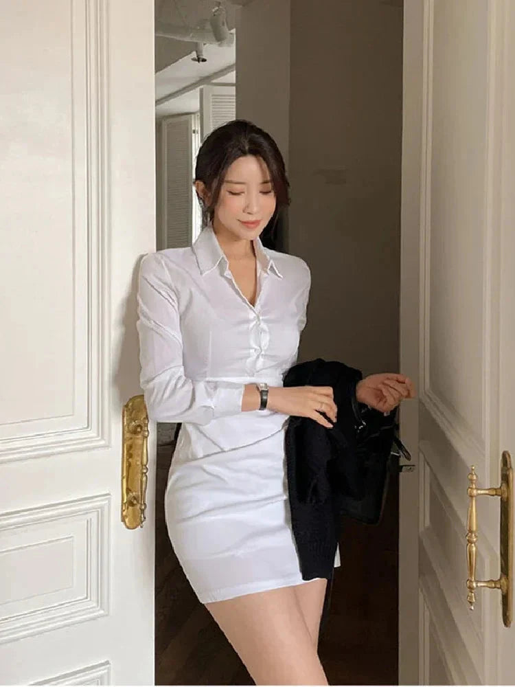 White mini shirt dress for women by SHOWLU FASHION, slim fit long sleeve A-line style, casual and chic for everyday wear.