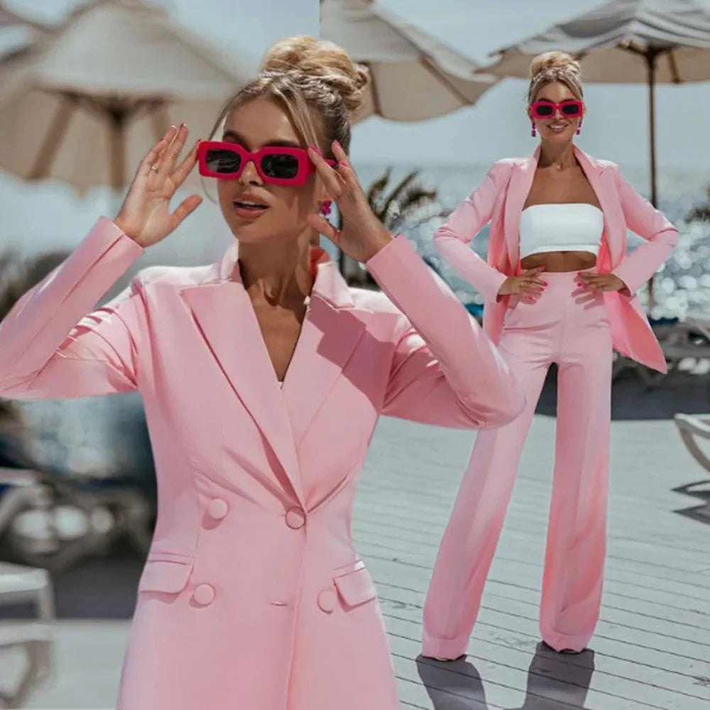 Pink Ladies Suits 2 Piece Elegant Double Breasted Peak Lapel Outfit Casual Slim Daily Prom Party Women Suits (Jacket+Pants)